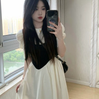 仙女超仙森系溫柔風a字洋裝子夏季小個子高級感假兩件收腰長裙