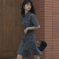 夏季2023新款法式小眾魚尾裙復古設計感收腰顯瘦氣質襯衫洋裝女