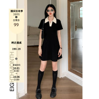 八月 黑色POLO領短袖洋裝女夏季新款減齡學院風高腰顯瘦A字短裙