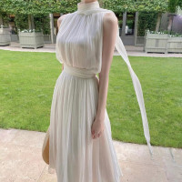 labelleblanc春夏早春溫柔仙女裙白色法式洋裝女收腰掛脖長裙衣