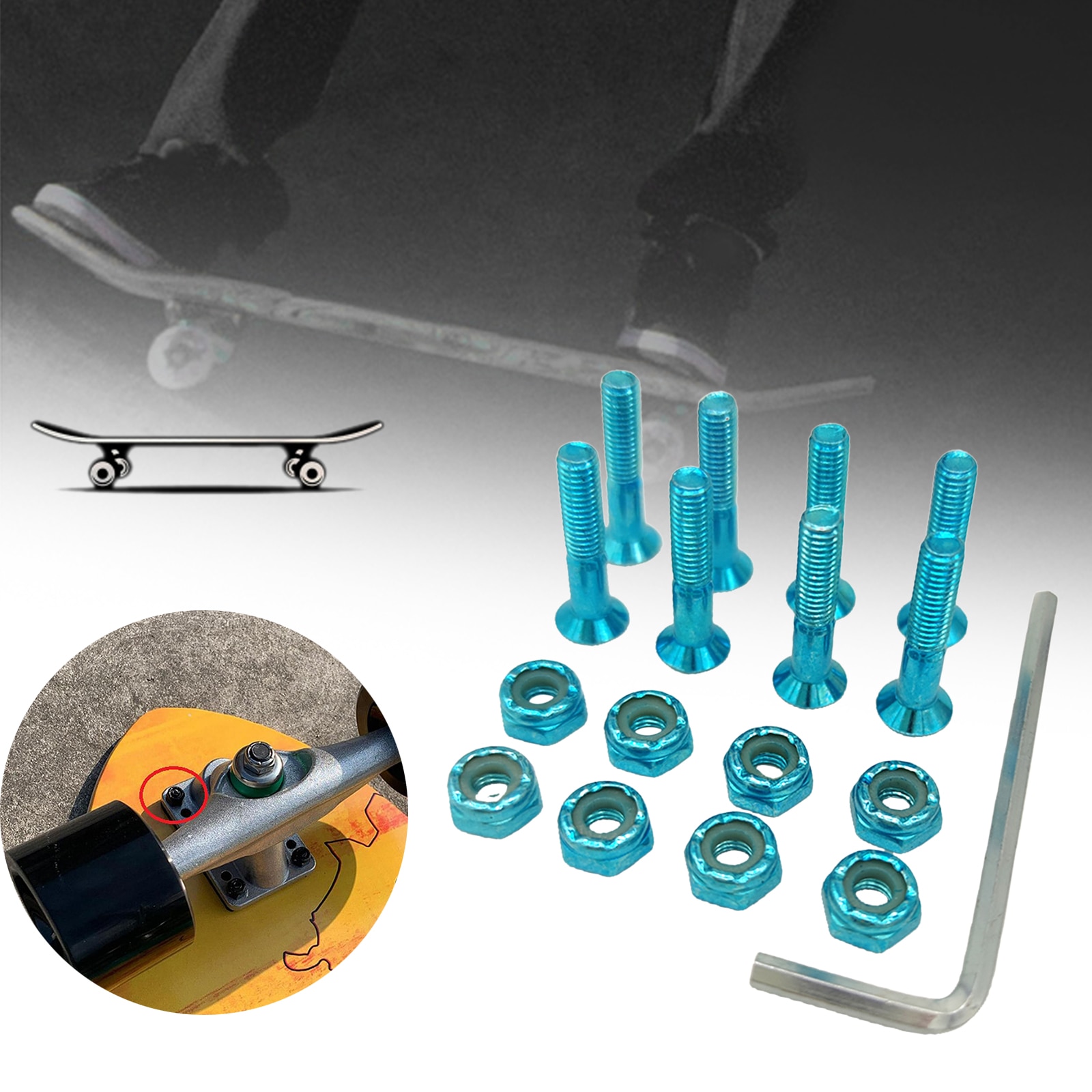 8 Pieces Skateboard Hardware Set Skate Bolts Parts Standard Longboard Hex Key Wrench Mounting Screws Mounting Bolts Set