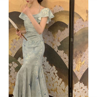 大Eees 東方玉骨 新中式旗袍美人魚尾裙女夏季荷葉邊收腰氣質長裙