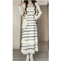 黑色波浪紋流蘇吊帶洋裝女夏季法式復古小個子過膝長裙顯瘦裙子