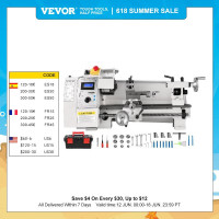 VEVOR Мини-токарный станок по металлу 8 "x 14" (210 x 350 мм) 650 Вт с переменной скоростью для DIY металлообработки токарной обработки сверления нарезания резьбы фрезерования