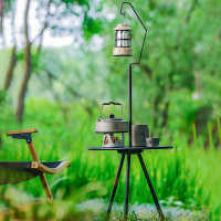 戶外露營野營鋁合金摺疊小桌子圓桌可升降黑色餐桌摩旅茶桌燈架