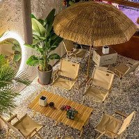 稻草傘蛋卷桌帶四椅套裝露營風小酒館咖啡店烤肉店戶外專用可摺疊