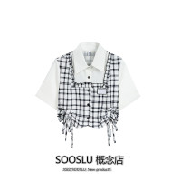 SOOSLU 格子短袖襯衫女夏季薄款寬鬆抽繩設計感短款假兩件上衣潮