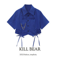 品牌折扣店商場撤回女裝外貿清倉短款上衣夏季短袖綁帶鏈條襯衫潮