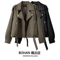 清倉品牌折扣黑色機車服高腰寬鬆顯瘦翻領pu皮夾克休閒外套上衣女