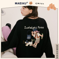 插畫師原創加絨加厚小眾女士厚T恤女款2023新款爆款寬鬆秋冬季黑色