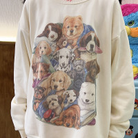 Robootoo狗子童趣古著復古做舊印花百搭奶白色圓領厚棉T2023年秋冬