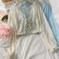 Женская Солнцезащитная кофта ALANOS, белый кардиган с кружевным бантом и оборками, рубашка с чехлом, корейский стиль, Y2K, на лето